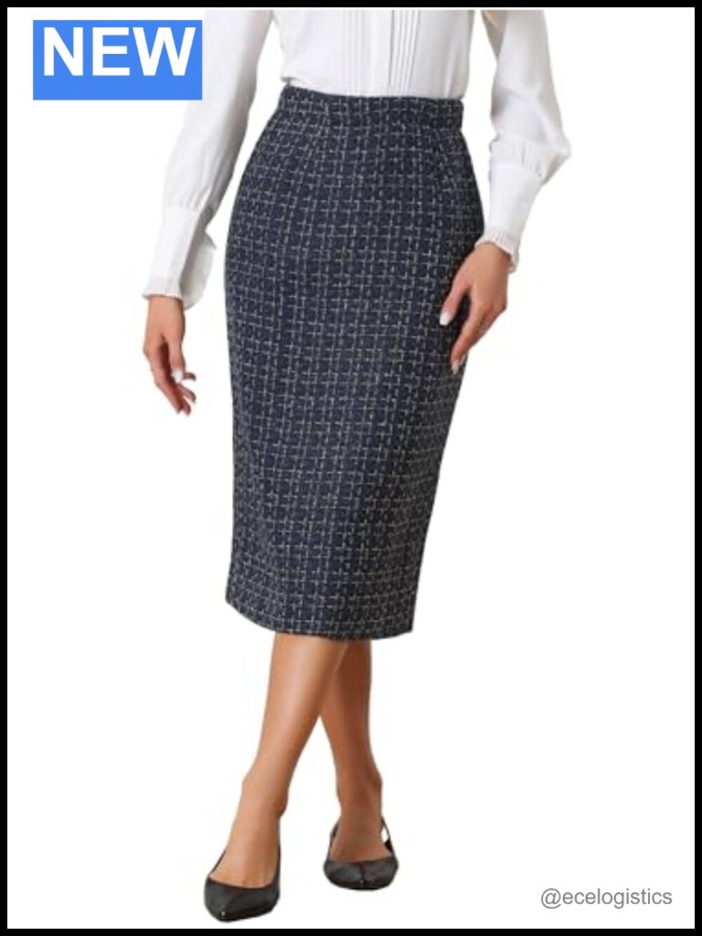Plaid Tweed High Waist Midi Pencil Skirt Zip Back Work Office